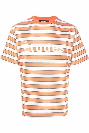 Etudes Stribet T-shirt med logotryk