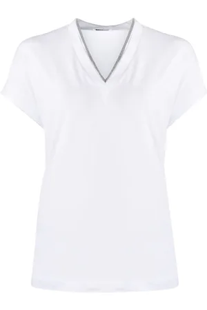 Brunello Cucinelli T-shirt med V-hals og sølvkant