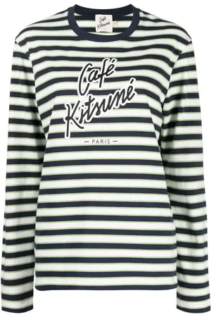 Café Kitsuné Stribet T-shirt med logotryk