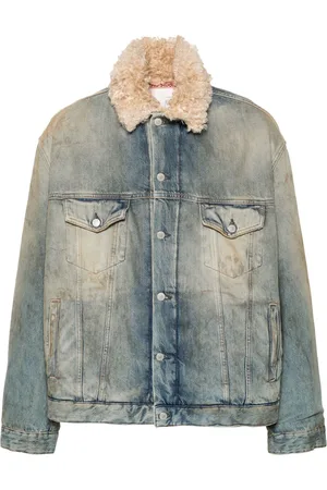 Acne Studios Denimjakke med lammeskindskrave og slitageeffekt