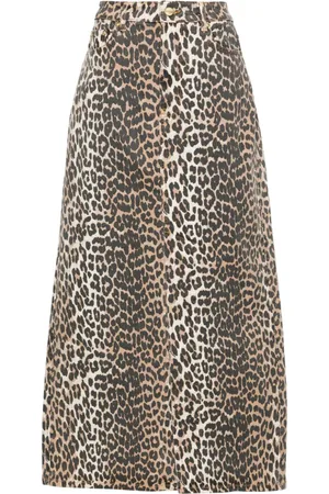 Ganni Højtaljet mellemlang nederdel i denim med leopardtryk