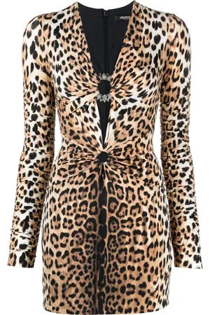 Roberto Cavalli Kort kjole med leopardtryk og V-hals