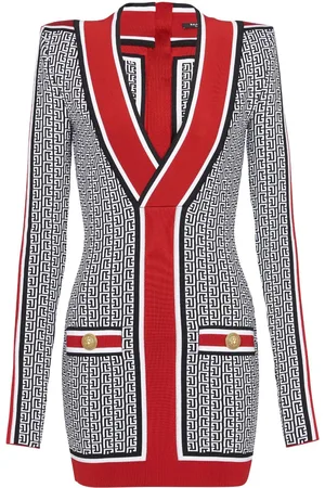 Balmain Kort strikket kjole med V-hals og monogram