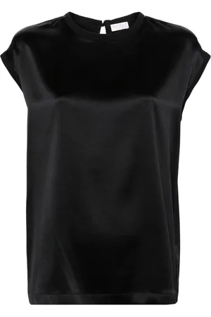 Brunello Cucinelli Bluse i satin med perledekoreret kant