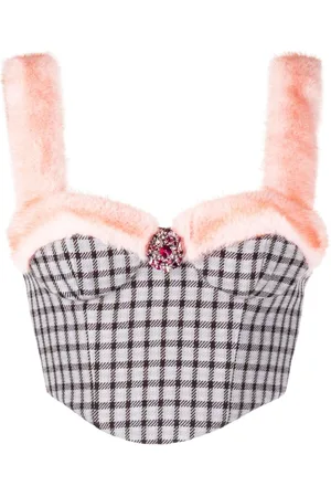 AREA Bustier i denim med krystaludsmykning og imiteret pels