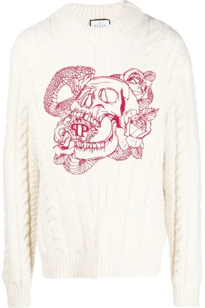 Philipp Plein Kabelstrikket sweatshirt med dødningehoved-broderi