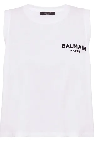 Balmain Cropped T-shirt med logo og flock-tekstur