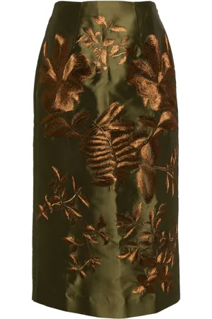 BIYAN Midi nederdel i satin med blomster-broderi