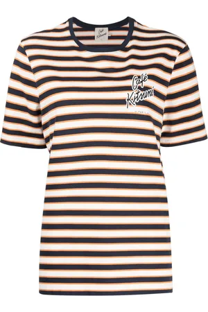 Café Kitsuné Stribet T-shirt med logotryk
