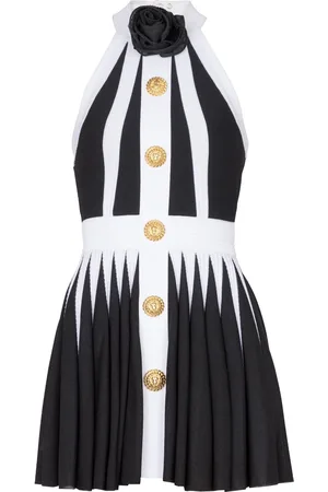 Balmain Plisseret kort kjole med blomstret applikation