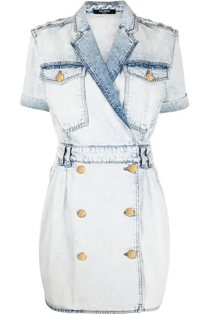 Balmain Dobbeltradet denimkjole med dyb V-hals