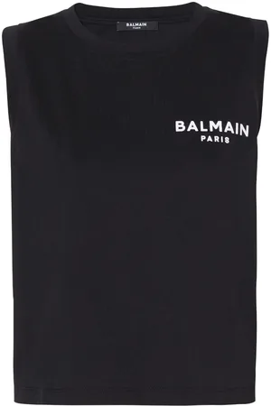 Balmain Cropped T-shirt med logo og flock-tekstur