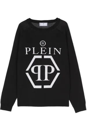 Philipp Plein Intarsiastrikket trøje med rund hals og logo