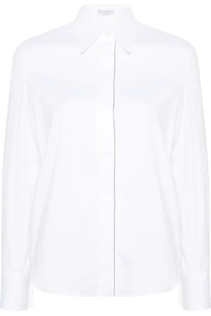 Brunello Cucinelli Silkeskjorte i poplin med perledekoreret kant