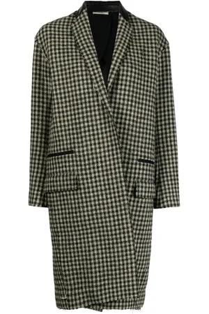 Céline Mellemlang houndstooth-mønstret frakke med læder-revers