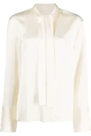 Jil Sander Bluse med bånd i halsen og satin-finish