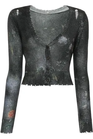 R13 Cardigan i kashmir med blomstret tryk og slitageeffekt