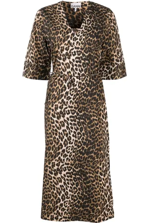 Ganni Midi-kjole med leopardtryk og bundet talje