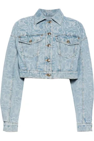 Roberto Cavalli Cropped denimjakke i jacquard med logo