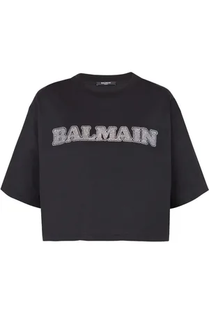 Balmain Cropped T-shirt med rhinsten-logo