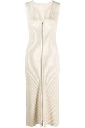 Jil Sander Ribstrikket midi-kjole med V-hals