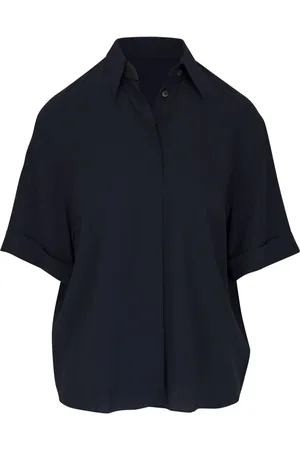 Brunello Cucinelli Marineblå oversize bluse i silke med sløjfe