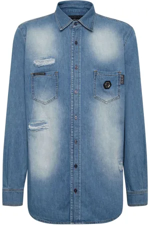 Philipp Plein Denimskjorte med krystal-dødningehoved