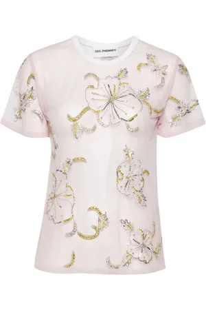 Des Phemmes Halvgennemsigtig T-shirt med hibiscusbroderi