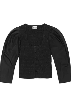 Ganni Cropped bluse i økologisk bomuld med U-hals