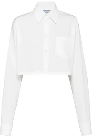 Prada Cropped T-shirt med rund hals og trekantet logo