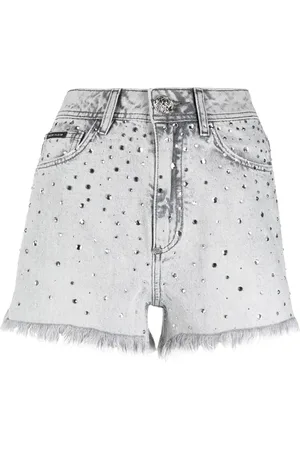 Philipp Plein Denimshorts med krystaludsmykning og frynser
