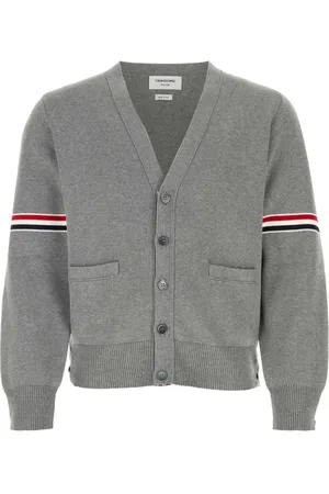 Thom Browne Lysegrå bomuldscardigan med Milano-sting, stribet armbånd og V-hals
