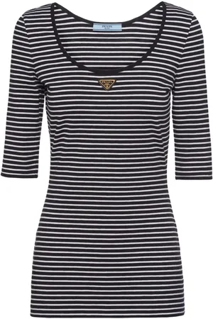 Prada Stribet T-shirt med trekantet logo