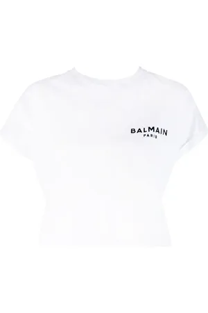 Balmain Cropped T-shirt med logo i flocktekstur