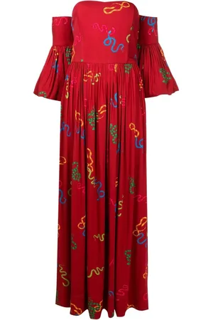 Isolda Kjole med blomstertryk og off-shoulder-snit