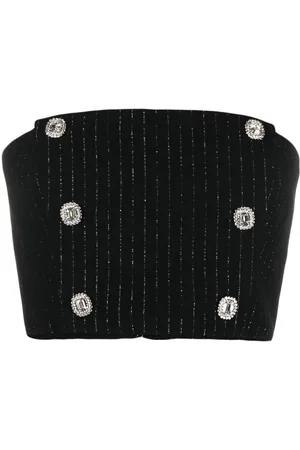 Alessandra Rich Cropped nålestribet top med krystaludsmykning