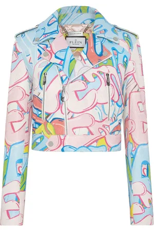 Philipp Plein Cropped bikerjakke i læder med graffiti-logo