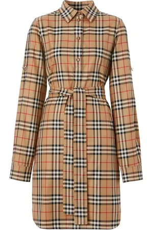 Burberry Vintage-ternet skjortekjole i bomuld med bånd i livet