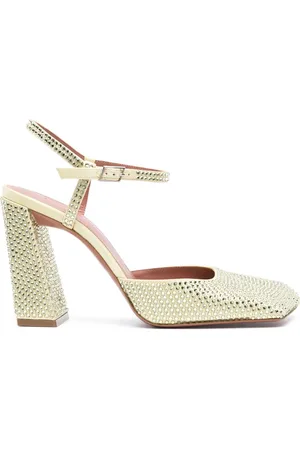 Amina Muaddi Charlotte 95mm pumps i læder med krystaludsmykning