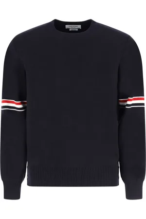 Thom Browne Marineblå bomuldstrøje med rund hals, Milano-sting og stribet armbånd