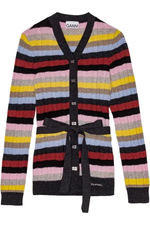 Ganni Stribet cardigan med broderet logo og bælte