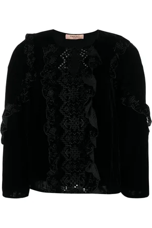 Twin-Set Bluse i nervøs velour med broderi