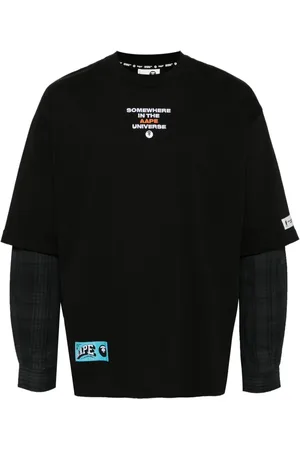A Bathing Ape Langærmet Moonface T-shirt med skotskternede paneler