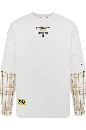 A Bathing Ape Langærmet Moonface T-shirt med skotskternede paneler