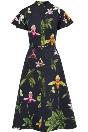 Oscar de la Renta Kortærmet Orchid poplin-kjole