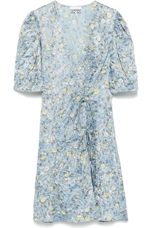 Ganni Kort kjole med krøllet effekt og blomstret tryk