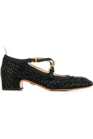 Thom Browne Mary jane-pumps i kalve-ruskind med krydsende remme, krystaludsmykning og blokhæl