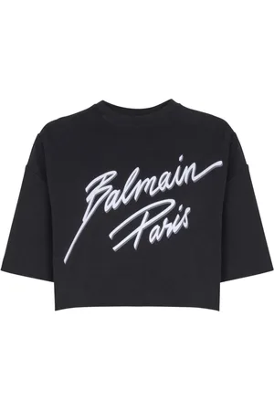 Balmain T-shirt med logo og flock-tekstur