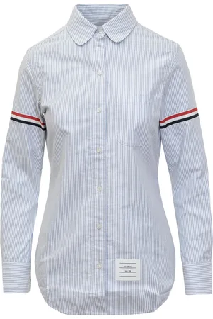 Thom Browne University-stribet oxford-skjorte med grosgrain-armbånd og lange ærmer