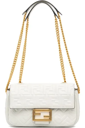 Fendi Mellemstor Zucca-præget baguette skuldertaske med kæde fra 2010-2024